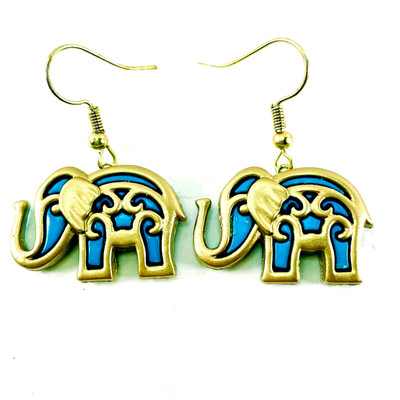 ELEPHANT EARRINGS FOR WOMEN, ELEPHANT DANGLE, AQUA GOLD, ANIMAL LOVER, HANDMADE