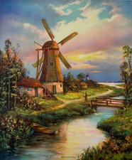 Vintage 12x10 Dutch Windmill Art Print Mill at the Stream, Home Decor