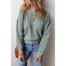 Waffle-Knit Long Sleeve Dropped Shoulder Top