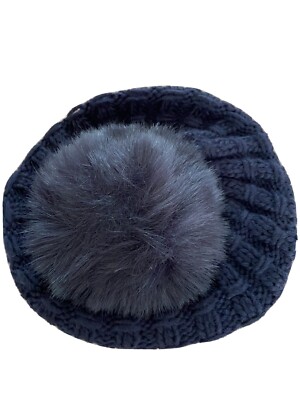 Kyi Kyi chunky knit hat, fur pom pom, navy blue/multicolor Fold Up Fox Fur Pom Beanie – Kyi Kyi main image 4