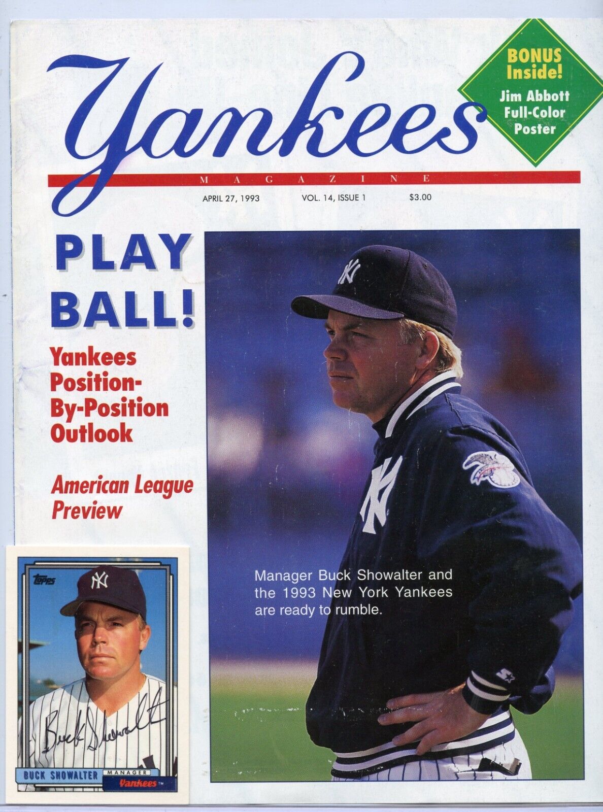 YANKEES BUCK SHOWALTER SIGNED CARD with MAGAZINE COVER
