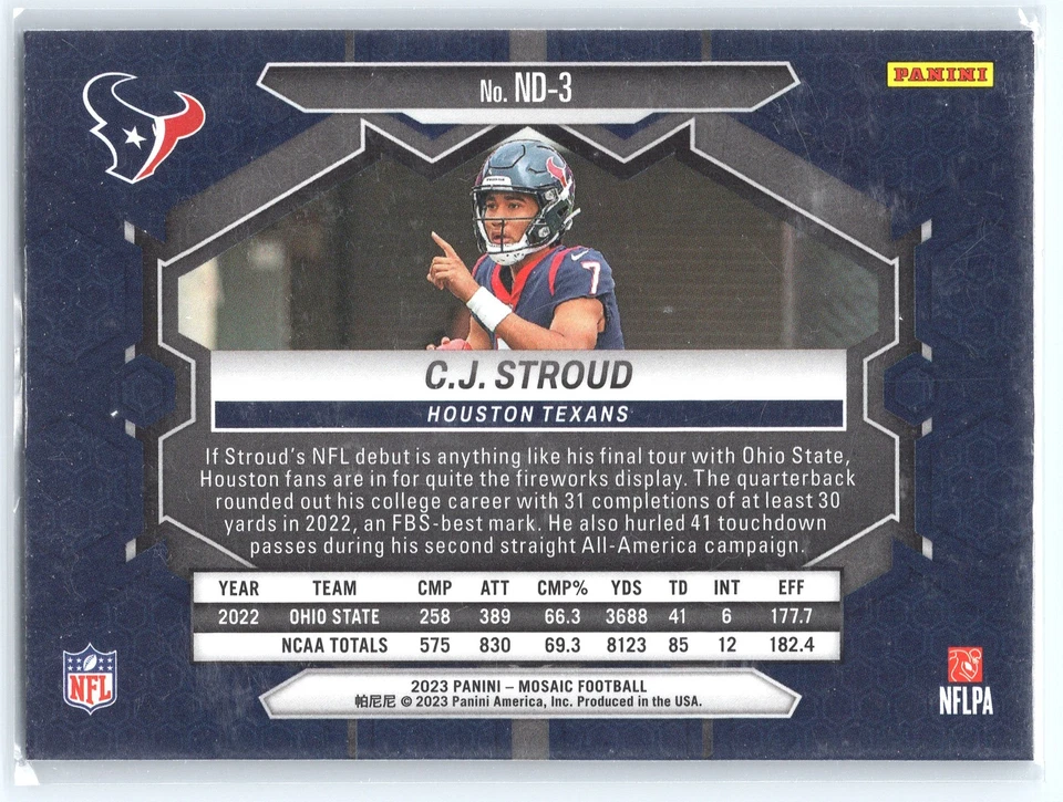 2023 Panini Mosaic C.J. Stroud Rookie Houston Texans #ND-3 - Image 2 of 2