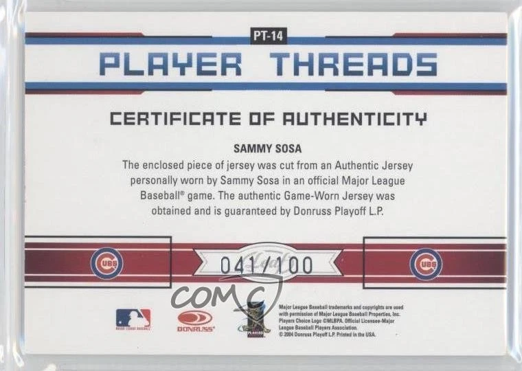 2004 Leaf Limited Player Threads Jersey Number /100 Sammy Sosa #PT-14 - Image 2 of 2