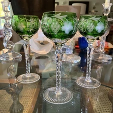 Ajka Bohemian Cut Crystal Marsala Emerald Green Wine Glass Hock 3 Available EUC