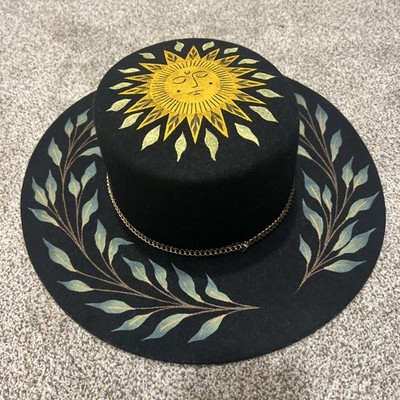 Luna Bloom Flat Top Wool Felted Hat Black Gold Sun Sage Desert Hand Painted