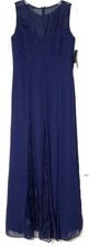 LAUREN RALPH LAUREN Navy Illusion Lace Chiffon Pleated Godet Gown Dress 12 L