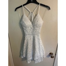 Emerald Sundae White Sparkle Lace Dress V Neck Spaghetti Strap Mini Dress XS