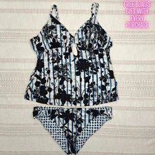 Lucky Brand Blue Black Floral Tankini Swim Set Size L NEW