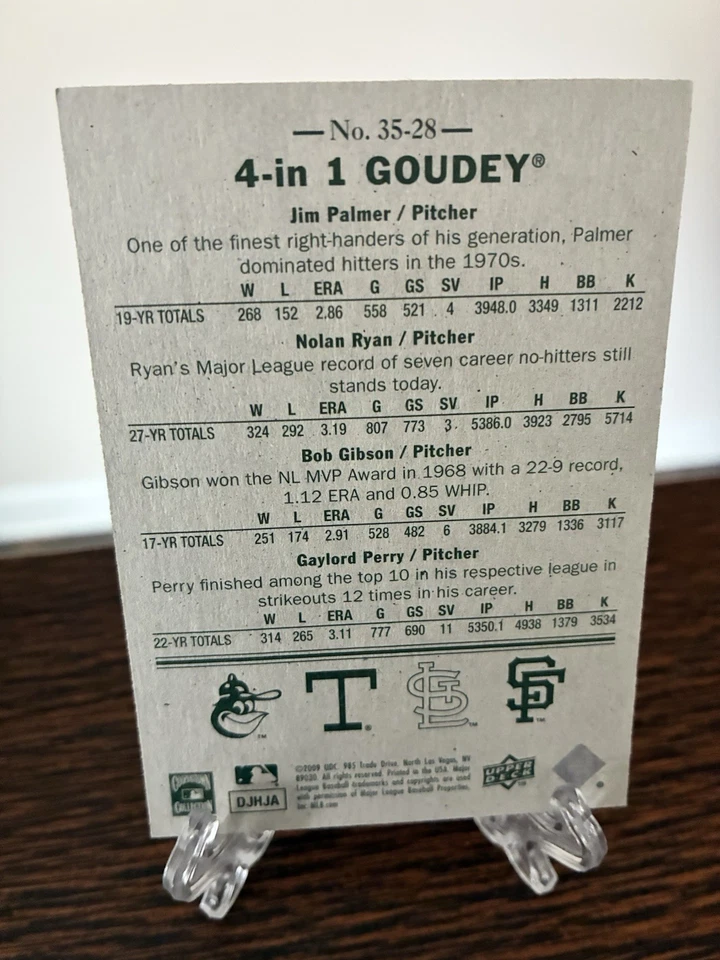 UD Goudey 2009 4 en 1 rojo #35-28 Jim Palmer Nolan Ryan Gaylord Perry Bob Gibson Foto 2 de 2