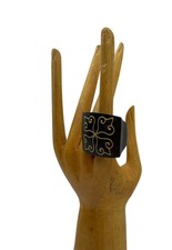 New Artisan Handmade Hand painted Black Square Wood Ring Gold Scroll Boho