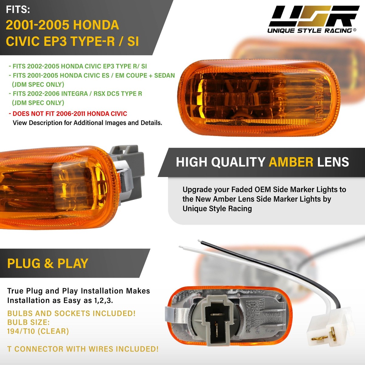 Crystal Amber Markers +Socket Bulbs Wire For 01-05 Honda Civic