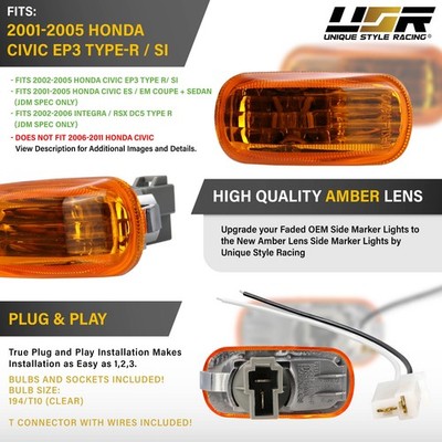 Crystal Amber Markers +Socket Bulbs Wire For 01-05 Honda Civic