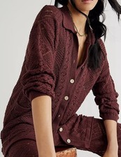 Free People Burgundy Cable Knit Collared Cardigan Sweater Boho Chic Wine Red S