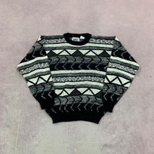 Vintage Knitted Jumper abstract patterned grandad knit sweater with leather