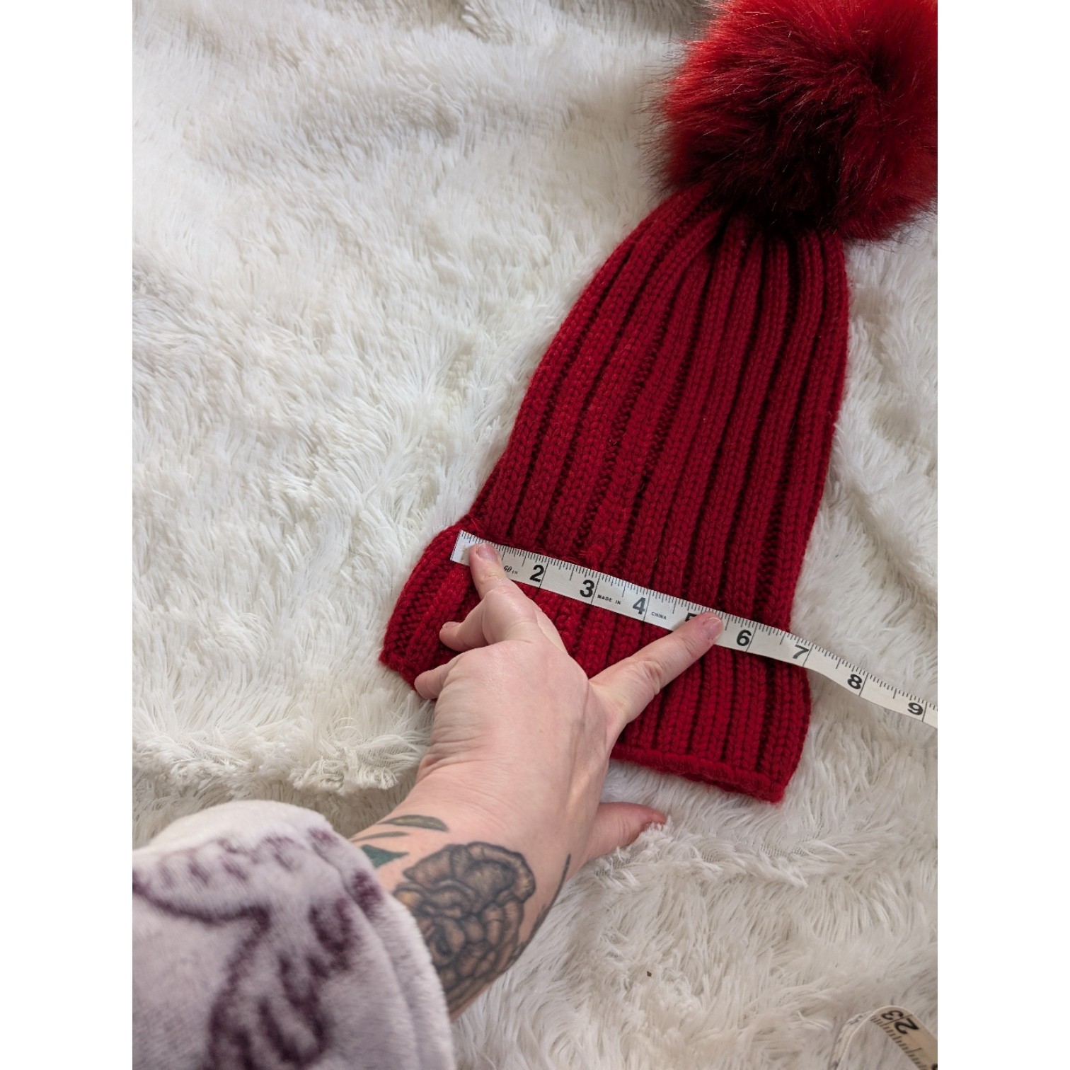 Steve Madden Ruby Red Knit Beanie Hat with Oversi… - image 5