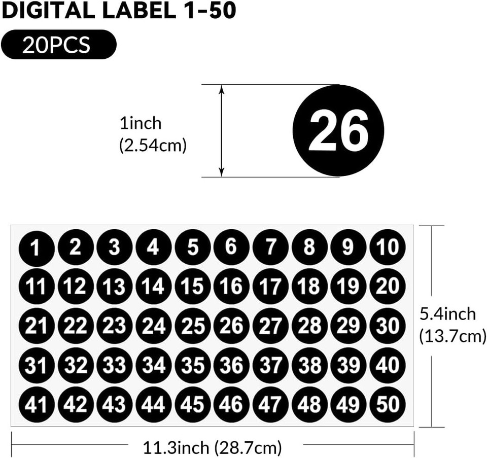 20 Sheet 1 to 50 Vinyl Small Round Labels Consecutive Number Stickers ...