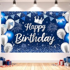 Blue Happy Birthday Banner Backdrop -73" 43" Large Fabric Blue Sliver Birthday