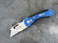Razor Utility Knife 6” Overall Mtech USA Blue Folding Knife Rubber Grip