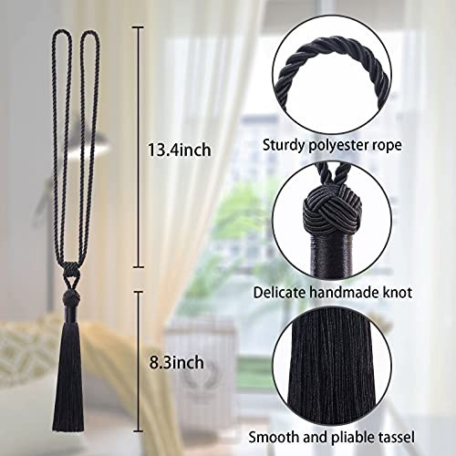 Long Tassel Curtain Tiebacks Handmade Braided Rope Knot Drape Tie 4 Pack Black - Picture 3 of 8