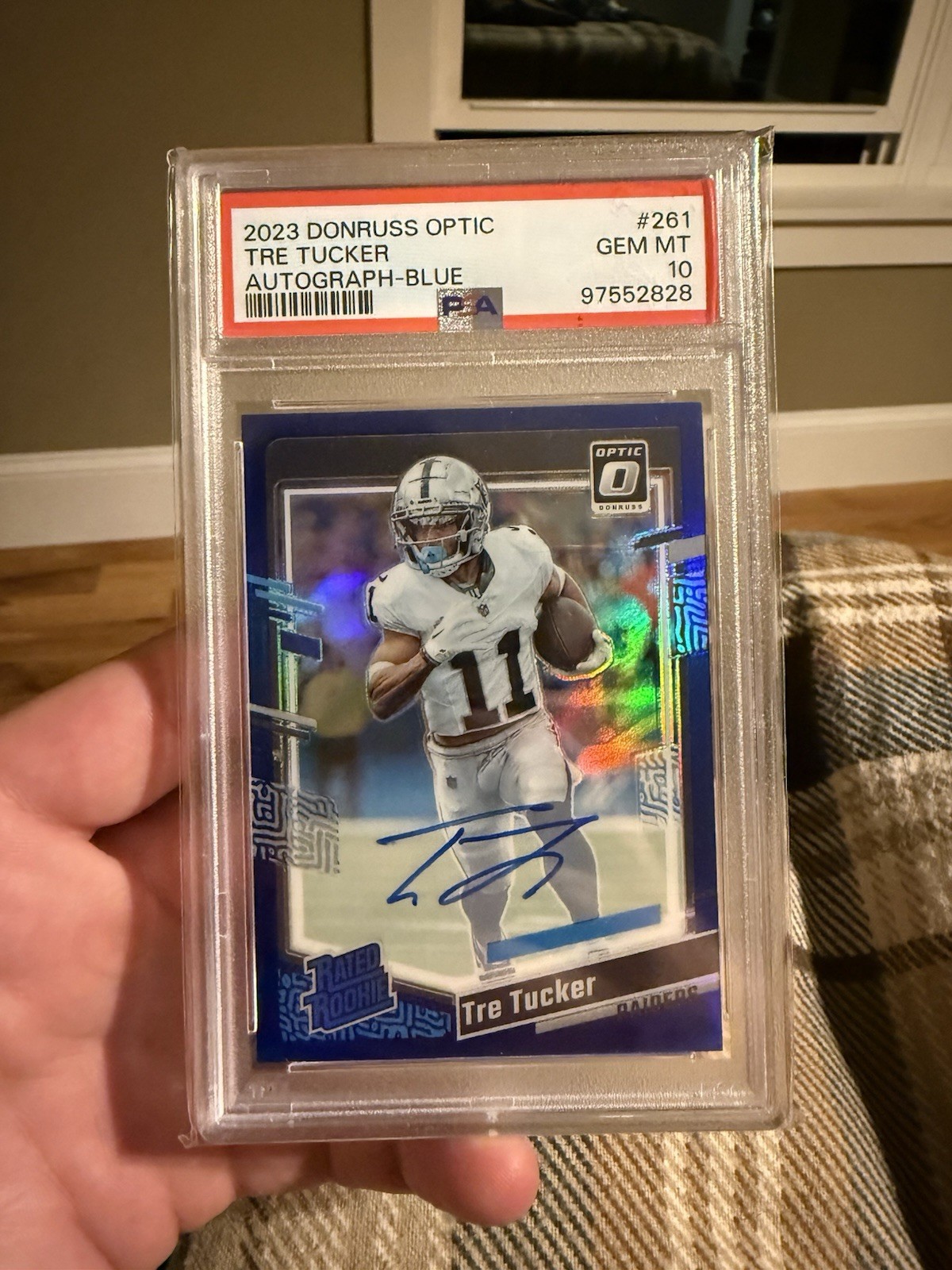 2023 Panini Donruss Optic Tre Tucker Blue Prizm /99 Rookie Auto PSA 10 Raiders
