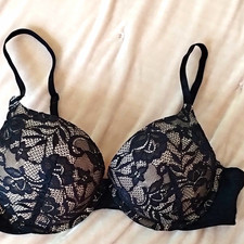 George Black Floral Lace Padded Underwired Push Up Bra 36B Adjustable Straps