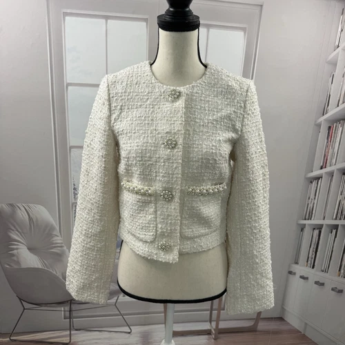 OFF WHITE Blazer H&M DETTAGLIO PERLINE corto impreziosito da perle taglia XS JACKET bianco sporco