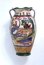 Vintage Italian Sgraffito Hand-Painted Majolica Design Pottery Vase Dragon