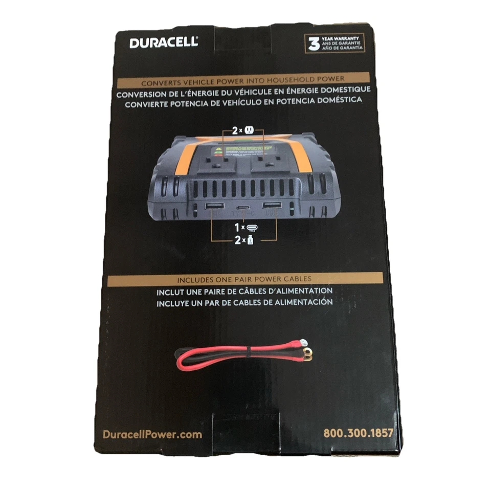 Duracell 1000W Power Inverter 2 AC outlets, 1 Pair of 1.5 Ft 6AWG Input Cables - Image 2 of 4