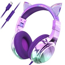 Kids Cat Ear Headphones with USB C for Girls with Microphone, 85/94dB Safe Vo...