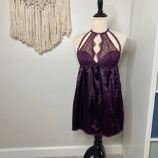 Fredericks of Hollywood High Neck Purple Satin Lace Teddy Nightgown Lingerie Med
