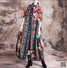 Women's Cotton and Linen Long Windbreaker Irregular Coat Print Floral Loose