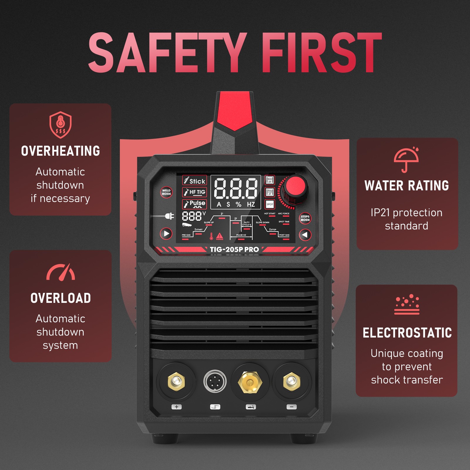 205A Pulse TIG Welder with Large LED Display, 3-in-1, Dual Voltage 110V/220V
