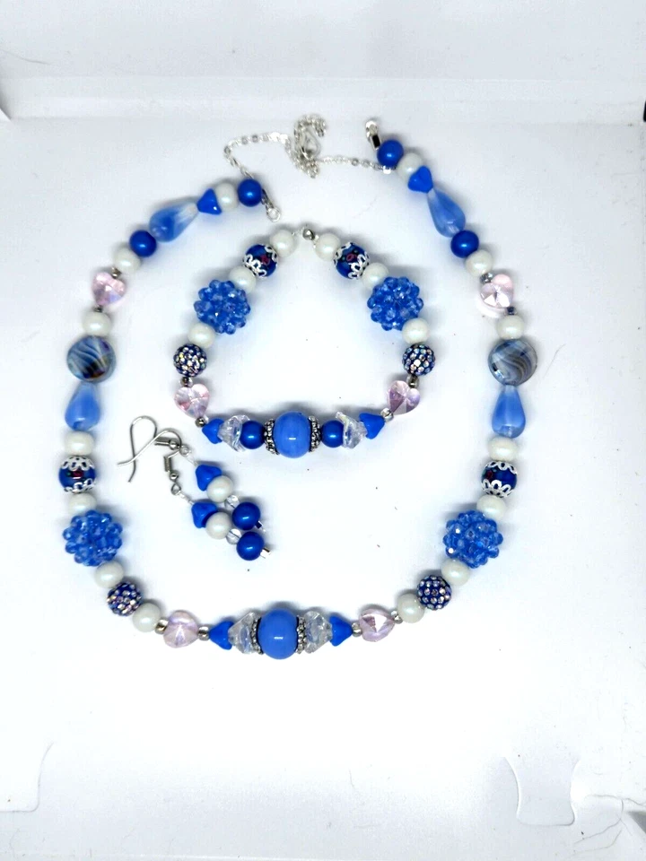 JUEGO DE PULSERAS COLLARES HECHOS A MANO ROSA AZUL cuentas cristal H18 Foto 3 de 4