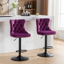 Set of 2 Swivel Velvet Bar Stool Adjustable Counter Height Dining Chair Purple