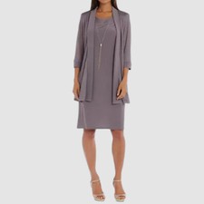 R M Richards Women Silver Metallic Necklace Jacket  Dress Set Dress Size 16