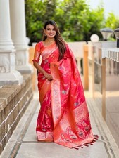 Indian Soft Banarasi Silk Women Sari Designer Meenakari Ethanic Traditional Sari