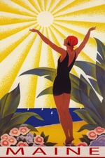 Maine Beach Woman Saluting The Sun Summer Travel Vintage Poster Repro FREE S/H