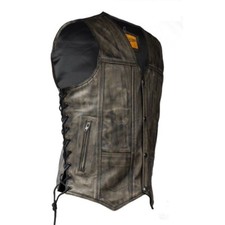 MENS MOTORCYCLE DISTRESSED BROWN LEATHER VEST w/ DUAL CONCEAL GUN POCKETS - DA73