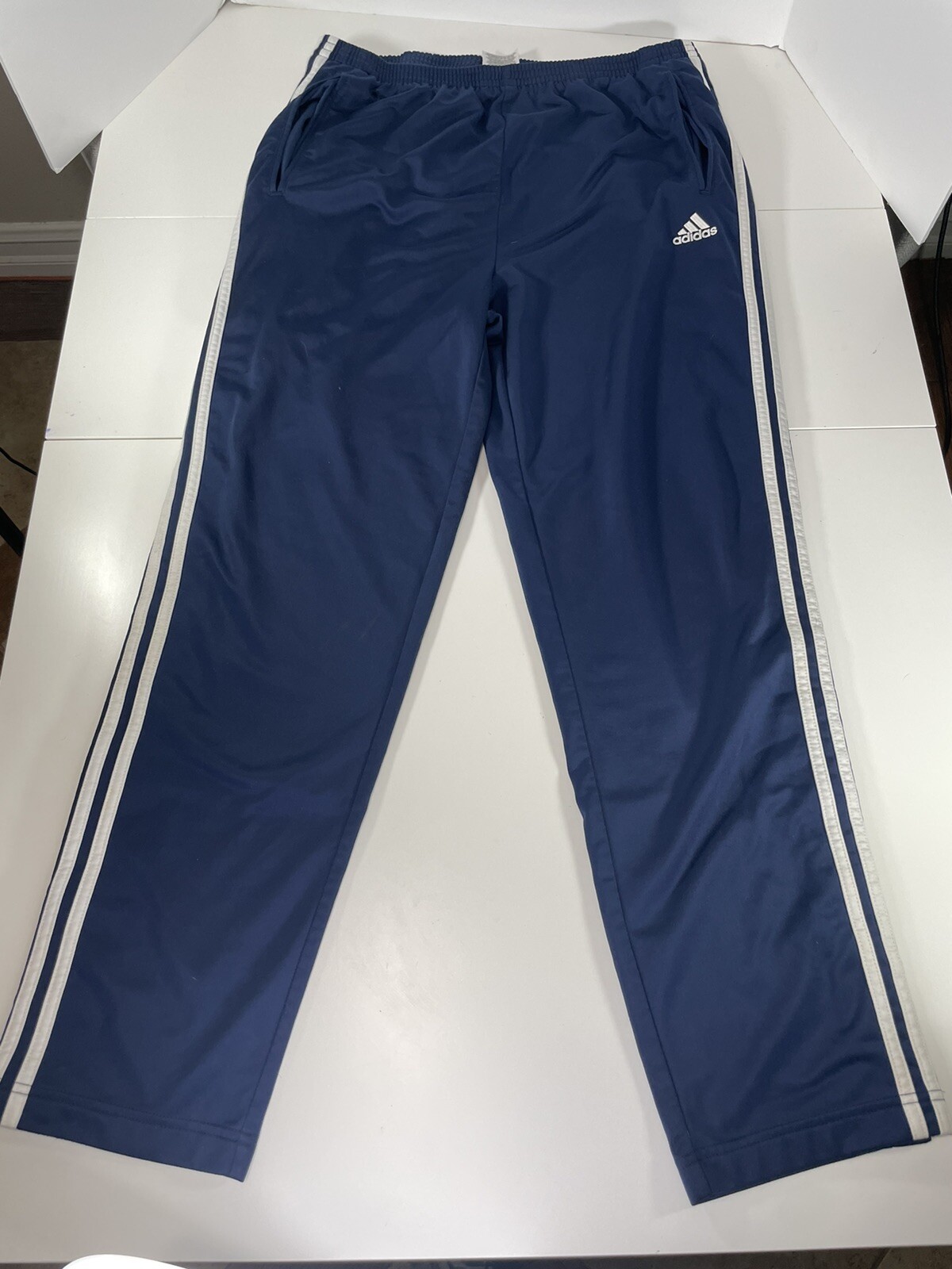 Adidas Mens L Track Pants Full Zip Breakaway Warmup Blue White Stripes