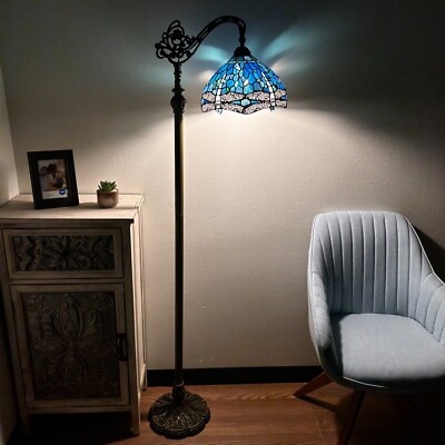 Tiffany Style Floor Lamp Blue Stained Glass Dragonfly Gooseneck