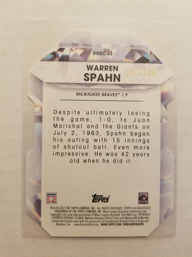 2022 Topps Update Diamond Greats Warren Spahn #DGDC-63 Black 151/299 Braves - Picture 2 of 2