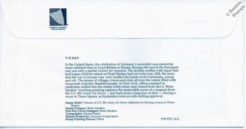 1945 WWII VE DAY TIMES SQUARE KISS Nurse & 8th Army Air Force Soldier Stamp FDC - Picture 2 of 3