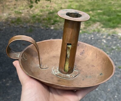 Antique Hand Wrought Copper Chamber Candlestick w/ Finger Handle Chamberstick
