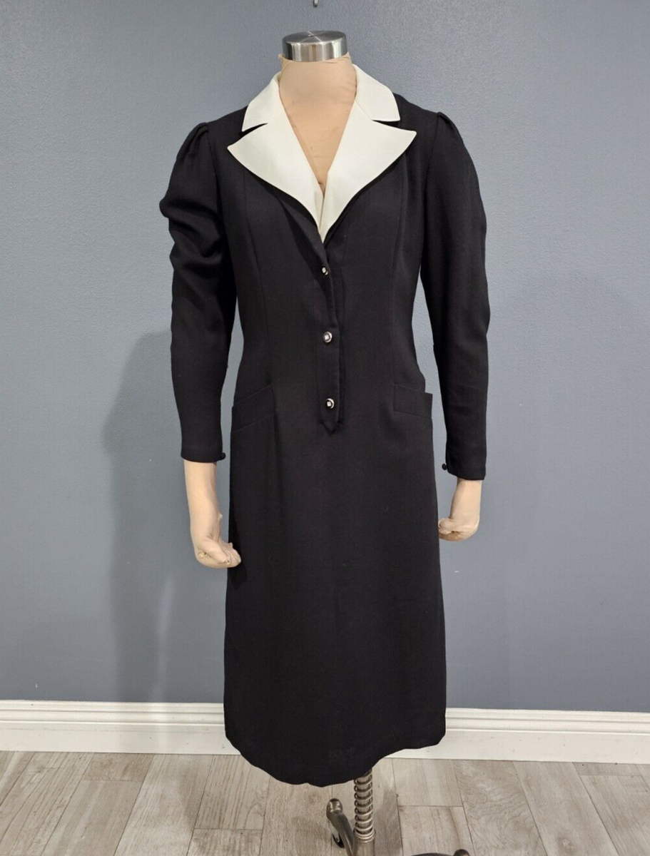 Vtg S MODELL Black Wool White Removable Collar Tuxedo Midi Dress Germany  40/10