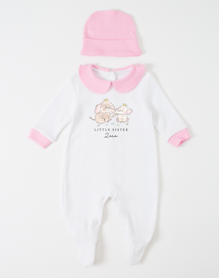 Personalised Little Sister Babygrow Hat Sleepsuit Pink Collared