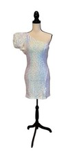 Jovani White Sequin One Shoulder Puff Sleve Mini Dress Size 8 $530