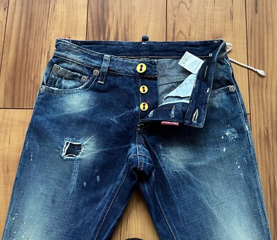100%ORIG DSQUARED YELLOW BUTTON S/S 07 DISTRESSED SLIM JEANS GR.46 ULTRA RARE