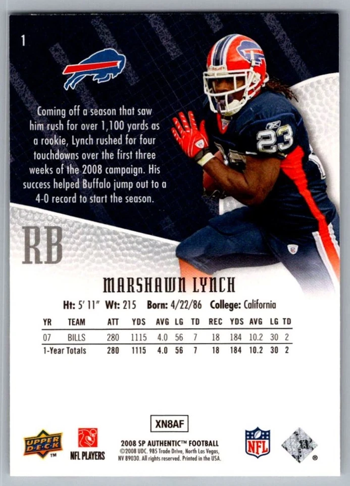 2008 SP Authentic Marshawn Lynch Buffalo Bills #1 - Image 2 of 2