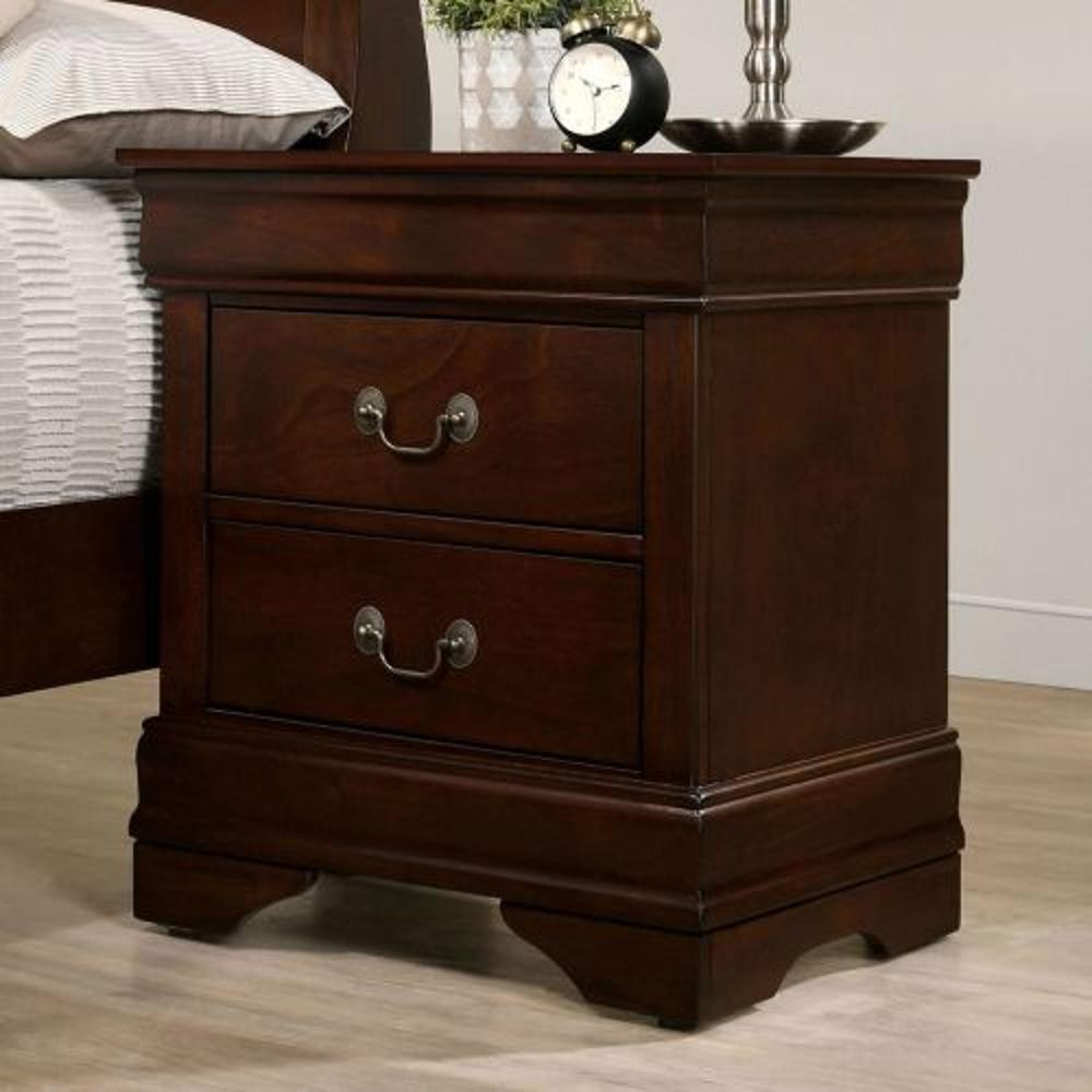 Cherry Finish Nightstand with Antique Brass Hanging Pulls in Transitional Style