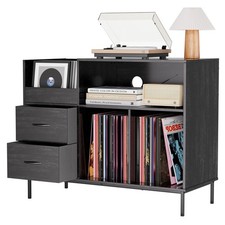 Black Media Console Record Player Stand with Power Outlet  Flip-Down Lid